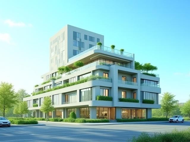 Bâtiment écologique moderne avec toiture végétalisée sous un ciel bleu clair