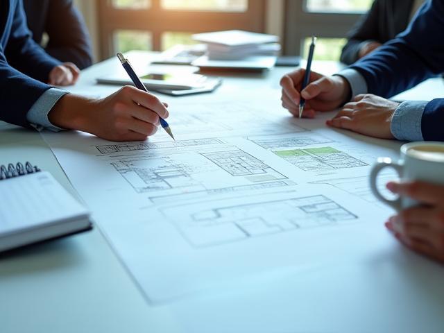 Réunion de gestion de projet avec plans architecturaux